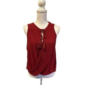 H&C Collection Womens M Maroon Crossover Faux Wrap Tank Top Gauze w/ Tassles